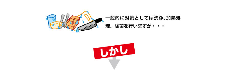 一般的に対策としては洗浄、加熱処理、除菌を行いますが・・・